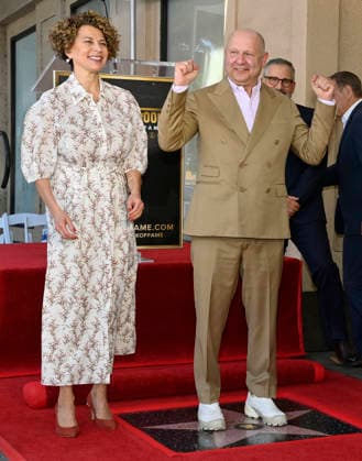 Chris Meledandri, CEO, Illumination (R) is joined by Donna Langley, Chairman, NBCUniversal Studios & Entertainment during an unveiling ceremony honoring him with the 2,848th star on the Hollywood Walk of Fame in Los Angeles on Wednesday, June 10, 2026.  LAP2026061005 JIMxRUYMEN