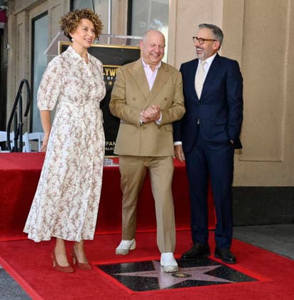 Chris Meledandri, CEO, Illumination (C) is joined by Donna Langley, Chairman, NBCUniversal Studios & Entertainment (L) and actor Steve Carell during an unveiling ceremony honoring him with the 2,848th star on the Hollywood Walk of Fame in Los Angeles on Wednesday, June 10, 2026.  LAP2026061008 JIMxRUYMEN