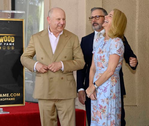 Chris Meledandri (L), CEO, Illumination is joined by Steve Carell and his wife Nancy Carell during an unveiling ceremony honoring him with the 2,848th star on the Hollywood Walk of Fame in Los Angeles on Wednesday, June 10, 2026.  LAP2026061026 JIMxRUYMEN