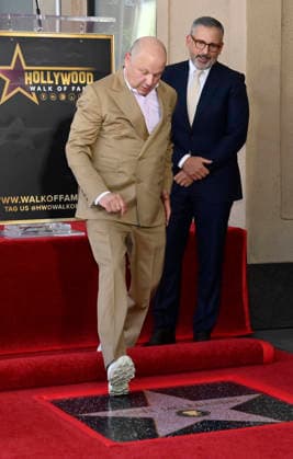 Chris Meledandri, CEO, Illumination (L) steps on his star as actor Steve Carell looks during an unveiling ceremony honoring him with the 2,848th star on the Hollywood Walk of Fame in Los Angeles on Wednesday, June 10, 2026.  LAP2026061006 JIMxRUYMEN