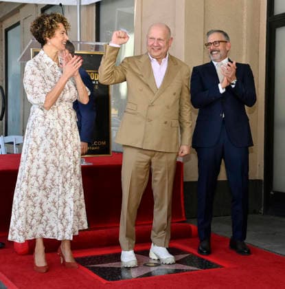 Chris Meledandri, CEO, Illumination (C) is joined by Donna Langley, Chairman, NBCUniversal Studios & Entertainment (L) and actor Steve Carell during an unveiling ceremony honoring him with the 2,848th star on the Hollywood Walk of Fame in Los Angeles on Wednesday, June 10, 2026.  LAP2026061007 JIMxRUYMEN