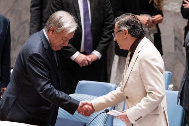UNSC meeting on Advancing political solutions in the Middle East mediation and dialogue Secretary-General Antonio Guterres and Gustavo Petro Urrego, President of the Republic of Colombia shake hands before Security Council meeting on Advancing political solutions in the Middle East: mediation and dialogue for a lasting peace as Colombia is the President of Security Council for the month of June at UN Headquarters in New York, NY on June 10, 2026. New York New York United States Copyright: LevxRadin