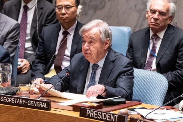 UNSC meeting on Advancing political solutions in the Middle East mediation and dialogue Secretary-General Antonio Guterres speaks during Security Council meeting on Advancing political solutions in the Middle East: mediation and dialogue for a lasting peace as Colombia is the President of Security Council for the month of June at UN Headquarters in New York, NY on June 10, 2026. New York New York United States Copyright: LevxRadin