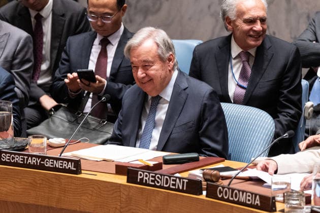 UNSC meeting on Advancing political solutions in the Middle East mediation and dialogue Secretary-General Antonio Guterres attends Security Council meeting on Advancing political solutions in the Middle East: mediation and dialogue for a lasting peace as Colombia is the President of Security Council for the month of June at UN Headquarters in New York, NY on June 10, 2026. New York New York United States Copyright: LevxRadin
