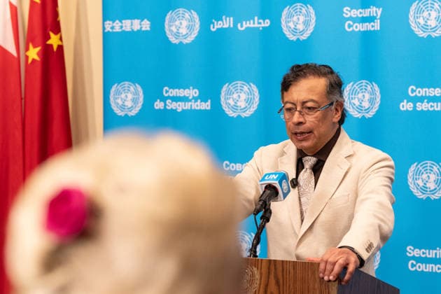 Press Encounter by Gustavo Petro Urrego, President of the Republic of Colombia Gustavo Petro Urrego, President of the Republic of Colombia, speaks to the press after a Security Council meeting on Advancing political solutions in the Middle East: mediation and dialogue for a lasting peace at UN Headquarters. New York New York United States Copyright: LevxRadin