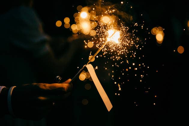 Eine Person hält bei einer nächtlichen Feier eine brennende Wunderkerze mit leuchtenden Bokeh-Lichtern in der Hand Person holds burning sparkler with glowing bokeh lights at night celebration (License=RF) ,model released, Symbolfoto Copyright: xZoonar.com ViorelxKurnosovx 25184434 ,model released, Symbolfoto ,property released