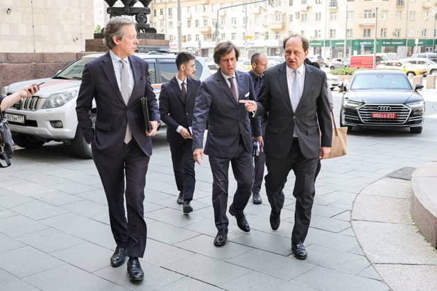 RUSSIA, MOSCOW - JUNE 11, 2026: The UK s Ambassador to Russia Nigel Casey, France s Ambassador to Russia Nicolas de Riviere, and Germany s Ambassador to Russia Alexander Graf Lambsdorff (L-R) arrive at the Russian Foreign Ministry headquarters. Yevgeny Messman TASS  93657713