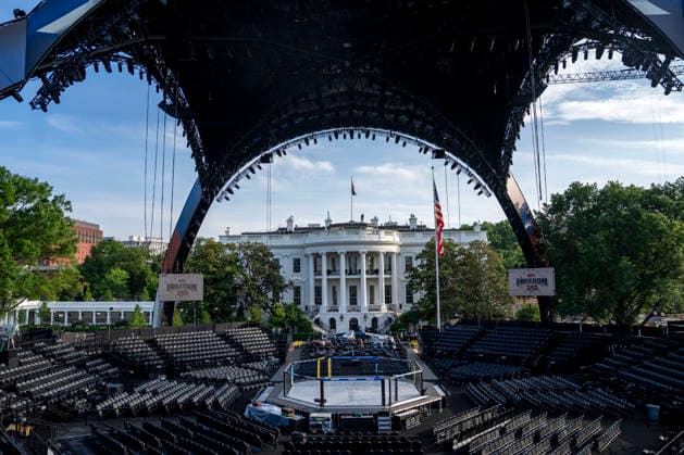 The Ultimate Fighting Championship (UFC) arena is seen as preparations continue for the UFC Freedom 250 event on the South Lawn of the White House in Washington, DC on Thursday, June 11, 2026. President Donald Trump is hosting a series of fighting matches on the South Lawn on Flag Day and his 80th birthday, June 14, in honor of America s 250th birthday.  WAP20260611301 BONNIExCASH