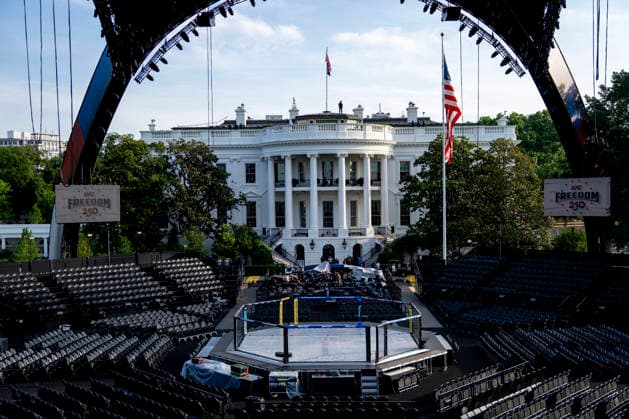 The Ultimate Fighting Championship (UFC) arena is seen as preparations continue for the UFC Freedom 250 event on the South Lawn of the White House in Washington, DC on Thursday, June 11, 2026. President Donald Trump is hosting a series of fighting matches on the South Lawn on Flag Day and his 80th birthday, June 14, in honor of America s 250th birthday.  WAP20260611302 BONNIExCASH