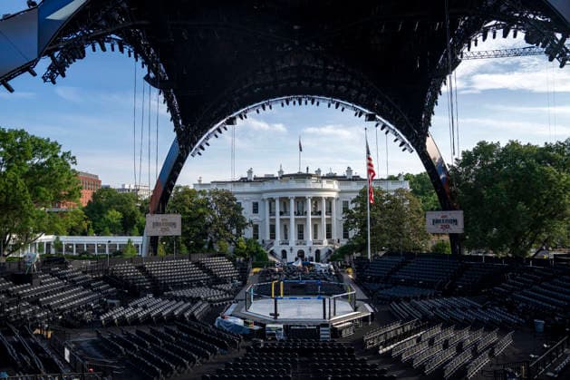 The Ultimate Fighting Championship (UFC) arena is seen as preparations continue for the UFC Freedom 250 event on the South Lawn of the White House in Washington, DC on Thursday, June 11, 2026. President Donald Trump is hosting a series of fighting matches on the South Lawn on Flag Day and his 80th birthday, June 14, in honor of America s 250th birthday.  WAP20260611303 BONNIExCASH