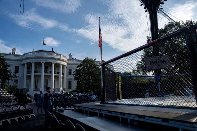 The Ultimate Fighting Championship (UFC) arena is seen as preparations continue for the UFC Freedom 250 event on the South Lawn of the White House in Washington, DC on Thursday, June 11, 2026. President Donald Trump is hosting a series of fighting matches on the South Lawn on Flag Day and his 80th birthday, June 14, in honor of America s 250th birthday.  WAP20260611307 BONNIExCASH