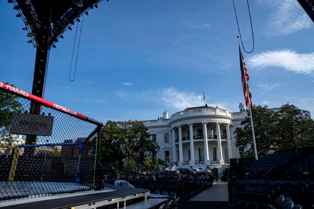 The Ultimate Fighting Championship (UFC) arena is seen as preparations continue for the UFC Freedom 250 event on the South Lawn of the White House in Washington, DC on Thursday, June 11, 2026. President Donald Trump is hosting a series of fighting matches on the South Lawn on Flag Day and his 80th birthday, June 14, in honor of America s 250th birthday.  WAP20260611308 BONNIExCASH
