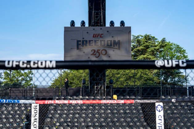 The Ultimate Fighting Championship (UFC) arena is seen as preparations continue for the UFC Freedom 250 event on the South Lawn of the White House in Washington, DC on Thursday, June 11, 2026. President Donald Trump is hosting a series of fighting matches on the South Lawn on Flag Day and his 80th birthday, June 14, in honor of America s 250th birthday.  WAP20260611309 BONNIExCASH