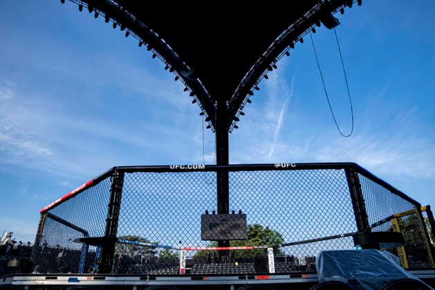The Ultimate Fighting Championship (UFC) arena is seen as preparations continue for the UFC Freedom 250 event on the South Lawn of the White House in Washington, DC on Thursday, June 11, 2026. President Donald Trump is hosting a series of fighting matches on the South Lawn on Flag Day and his 80th birthday, June 14, in honor of America s 250th birthday.  WAP20260611310 BONNIExCASH