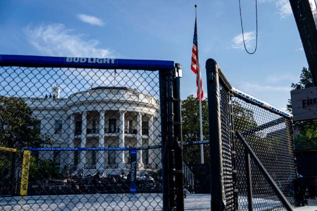 The Ultimate Fighting Championship (UFC) arena is seen as preparations continue for the UFC Freedom 250 event on the South Lawn of the White House in Washington, DC on Thursday, June 11, 2026. President Donald Trump is hosting a series of fighting matches on the South Lawn on Flag Day and his 80th birthday, June 14, in honor of America s 250th birthday.  WAP20260611311 BONNIExCASH