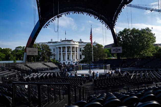 The Ultimate Fighting Championship (UFC) arena is seen as preparations continue for the UFC Freedom 250 event on the South Lawn of the White House in Washington, DC on Thursday, June 11, 2026. President Donald Trump is hosting a series of fighting matches on the South Lawn on Flag Day and his 80th birthday, June 14, in honor of America s 250th birthday.  WAP20260611314 BONNIExCASH