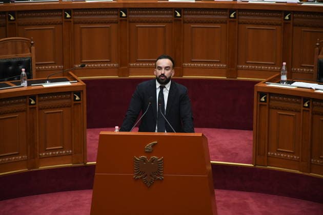 Albanian lawmakers discuss disputed tourism project in Vlora TIRANA, ALBANIA - JUNE 11: Albanian Environment Minister Sofjan Jaupaj speaks during a parliamentary session in Tirana, Albania, on June 11, 2026. The Albanian Parliament convened to discuss a controversial tourism project planned for the Zvernec area of the coastal city of Vlora. Jaupaj answered questions submitted by opposition Democratic Party (PD) lawmakers regarding the project, which has sparked demonstrations across the country. During the session, opposition lawmakers displayed banners in support of recent public protests and called for the resignation of Prime Minister Edi Rama. Olsi Shehu Anadolu Tirana Albania. Editorial use only. Please get in touch for any other usa  Copyright: x2026xAnadoluxOlsixShehux