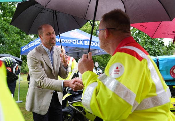 Royal visit to Norfolk The Prince of Wales greets members of local emergency responders Norfolk Blood Bikes at Norfolk and Norwich University Hospital, to highlight emergency response services. Norfolk Blood Bikes operates 365 days a year, transporting blood, plasma, platelets, samples, vaccines, and any other urgently required medical items to hospitals in Norfolk, as well as blood to the East Anglian Air Ambulance, helping to extend its lifesaving capability. Picture date: Thursday June 11, 2026., Credit:Aaron Chown PA ROTA - B68 Avalon UK, Norfolk  Copyright: xAaronxChownx xPAxROTAx-xB68x xAvalonx 1109486062