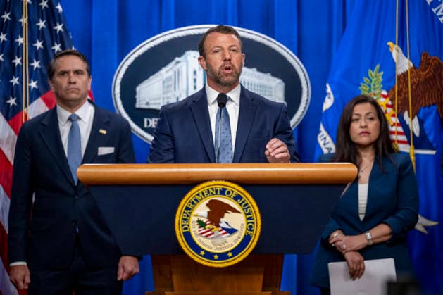 Secretary of the Department of Homeland Security Markwayne Mullin speaks during a press conference at the Department of Justice in Washington, DC on Thursday, June 11, 2026. The leaders announced the government s effort to locate and safeguard unaccompanied alien children (UAC), or children under age 18 who lack both lawful immigration status in the United States, and a parent or legal guardian in the United States.  WAP202606111150 DANIELxHEUER