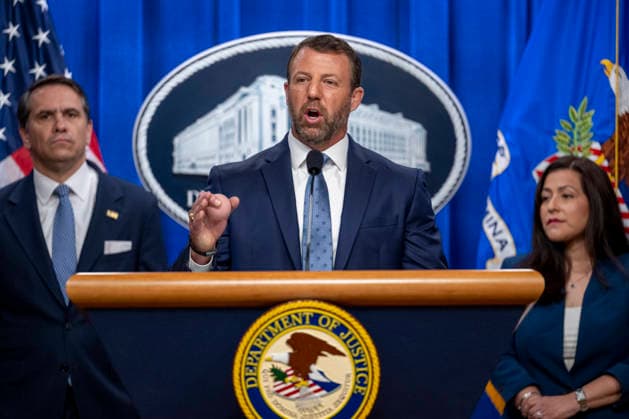 Secretary of the Department of Homeland Security Markwayne Mullin speaks during a press conference at the Department of Justice in Washington, DC on Thursday, June 11, 2026. The leaders announced the government s effort to locate and safeguard unaccompanied alien children (UAC), or children under age 18 who lack both lawful immigration status in the United States, and a parent or legal guardian in the United States.  WAP202606111151 DANIELxHEUER