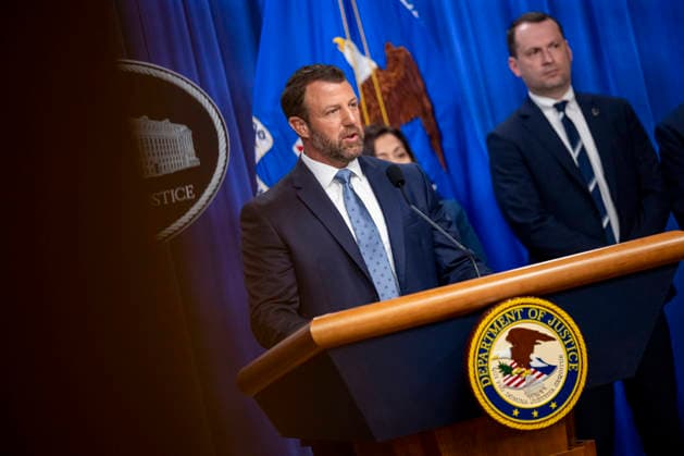 Secretary of the Department of Homeland Security Markwayne Mullin speaks during a press conference at the Department of Justice in Washington, DC on Thursday, June 11, 2026. The leaders announced the government s effort to locate and safeguard unaccompanied alien children (UAC), or children under age 18 who lack both lawful immigration status in the United States, and a parent or legal guardian in the United States.  WAP202606111152 DANIELxHEUER