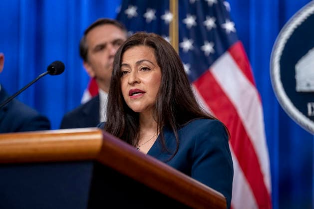 Acting Director of the Office of Refugee Resettlement Angie Salazar speaks during a press conference at the Department of Justice in Washington, DC on Thursday, June 11, 2026. The leaders announced the government s effort to locate and safeguard unaccompanied alien children (UAC), or children under age 18 who lack both lawful immigration status in the United States, and a parent or legal guardian in the United States.  WAP202606111155 DANIELxHEUER