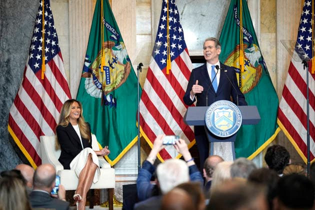 Melania Trump on Fostering the Future Accounts - Washington US First lady Melania Trump with Treasury Secretary Scott Bessent launches Fostering the Future Accounts during an event at the Treasure Department in Washington on June 11, 2026. Photo by Yuri Gripas ABACAPRESS.COM Washington DC United States  Copyright: xGripasxYuri ABACAx