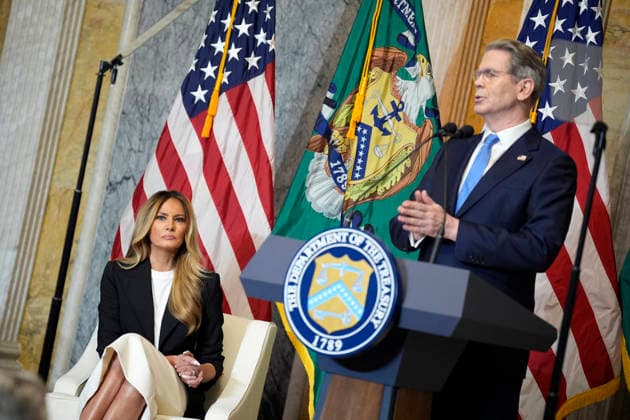 Melania Trump on Fostering the Future Accounts - Washington US First lady Melania Trump with Treasury Secretary Scott Bessent launches Fostering the Future Accounts during an event at the Treasure Department in Washington on June 11, 2026. Photo by Yuri Gripas ABACAPRESS.COM Washington DC United States  Copyright: xGripasxYuri ABACAx