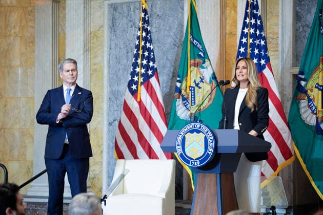 Melania Trump on Fostering the Future Accounts - Washington US First lady Melania Trump with Treasury Secretary Scott Bessent launches Fostering the Future Accounts during an event at the Treasure Department in Washington on June 11, 2026. Photo by Yuri Gripas ABACAPRESS.COM Washington DC United States  Copyright: xGripasxYuri ABACAx