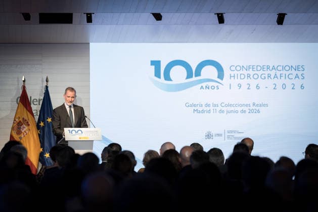 The King presides over the commemoration of the centenary of the Hydrographic Confederations King Felipe VI speaks during the commemoration of the centenary of the creation of the Hydrographic Confederations, at the Royal Collections Gallery, on June 11, 2026, in Madrid Spain This event pays tribute to the century of unified management of the Spanish river basins, a pioneering model of water administration and civil engineering fundamental for the agricultural and environmental development of the country 11 JUNE 2026 Diego Radamé Madrid Madrid Madrid Spain  Copyright: xDiegoxRadamÃ sx 7589442