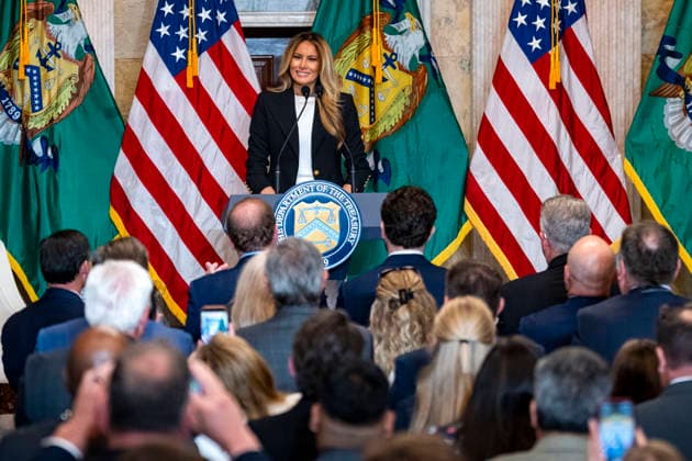 First Lady Melania Trump speaks alongside Treasury Secretary Scott Bessent during an event at the Treasury Department in Washington, DC on Thursday, June 11, 2026. The administration announced the launch of Fostering the Future Accounts as part of Trump Accounts and her Fostering the Future initiative.  WAP20260611320 BONNIExCASH