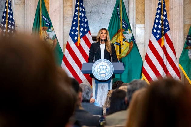 First Lady Melania Trump speaks alongside Treasury Secretary Scott Bessent during an event at the Treasury Department in Washington, DC on Thursday, June 11, 2026. The administration announced the launch of Fostering the Future Accounts as part of Trump Accounts and her Fostering the Future initiative.  WAP20260611322 BONNIExCASH