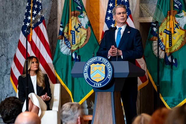Treasury Secretary Scott Bessent speaks alongside First Lady Melania Trump during an event at the Treasury Department in Washington, DC on Thursday, June 11, 2026. The administration announced the launch of Fostering the Future Accounts as part of Trump Accounts and her Fostering the Future initiative.  WAP20260611329 BONNIExCASH