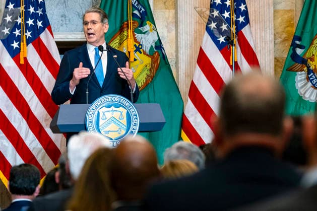 Treasury Secretary Scott Bessent speaks alongside First Lady Melania Trump during an event at the Treasury Department in Washington, DC on Thursday, June 11, 2026. The administration announced the launch of Fostering the Future Accounts as part of Trump Accounts and her Fostering the Future initiative.  WAP20260611332 BONNIExCASH