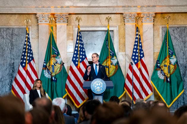 Treasury Secretary Scott Bessent speaks alongside First Lady Melania Trump during an event at the Treasury Department in Washington, DC on Thursday, June 11, 2026. The administration announced the launch of Fostering the Future Accounts as part of Trump Accounts and her Fostering the Future initiative.  WAP20260611336 BONNIExCASH