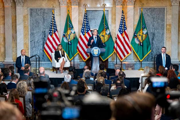 Treasury Secretary Scott Bessent speaks alongside First Lady Melania Trump during an event at the Treasury Department in Washington, DC on Thursday, June 11, 2026. The administration announced the launch of Fostering the Future Accounts as part of Trump Accounts and her Fostering the Future initiative.  WAP20260611340 BONNIExCASH