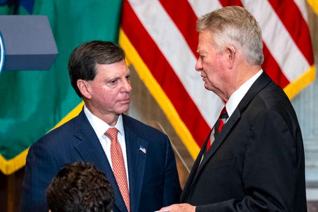 Commissioner of the Social Security Administration Frank Bisignano speaks with Governor of Idaho Brad Little before an event with First Lady Melania Trump and Treasury Secretary Scott Bessent during an event at the Treasury Department in Washington, DC on Thursday, June 11, 2026. The administration announced the launch of Fostering the Future Accounts as part of Trump Accounts and the First Lady s Fostering the Future initiative.  WAP20260611319 BONNIExCASH