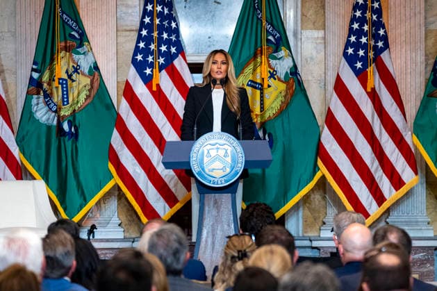 First Lady Melania Trump speaks alongside Treasury Secretary Scott Bessent during an event at the Treasury Department in Washington, DC on Thursday, June 11, 2026. The administration announced the launch of Fostering the Future Accounts as part of Trump Accounts and her Fostering the Future initiative.  WAP20260611323 BONNIExCASH