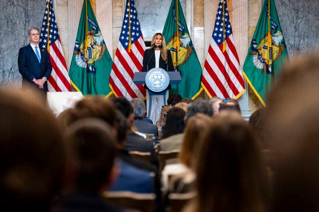 First Lady Melania Trump speaks alongside Treasury Secretary Scott Bessent during an event at the Treasury Department in Washington, DC on Thursday, June 11, 2026. The administration announced the launch of Fostering the Future Accounts as part of Trump Accounts and her Fostering the Future initiative.  WAP20260611324 BONNIExCASH