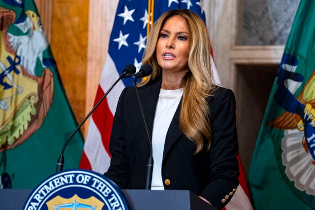 First Lady Melania Trump speaks alongside Treasury Secretary Scott Bessent during an event at the Treasury Department in Washington, DC on Thursday, June 11, 2026. The administration announced the launch of Fostering the Future Accounts as part of Trump Accounts and her Fostering the Future initiative.  WAP20260611325 BONNIExCASH