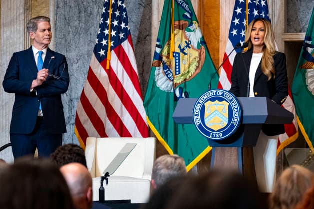First Lady Melania Trump speaks alongside Treasury Secretary Scott Bessent during an event at the Treasury Department in Washington, DC on Thursday, June 11, 2026. The administration announced the launch of Fostering the Future Accounts as part of Trump Accounts and her Fostering the Future initiative.  WAP20260611326 BONNIExCASH