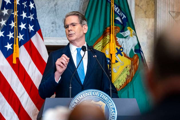 Treasury Secretary Scott Bessent speaks alongside First Lady Melania Trump during an event at the Treasury Department in Washington, DC on Thursday, June 11, 2026. The administration announced the launch of Fostering the Future Accounts as part of Trump Accounts and her Fostering the Future initiative.  WAP20260611335 BONNIExCASH