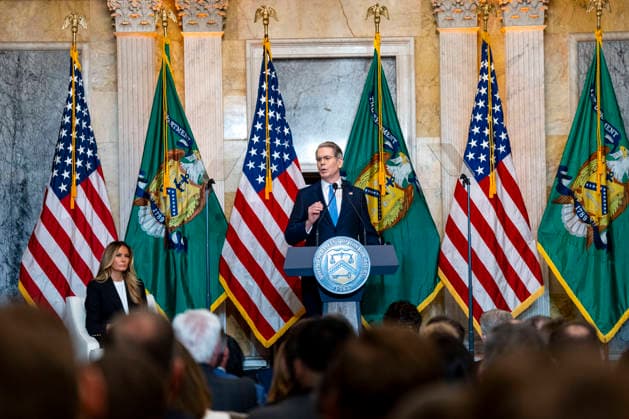 Treasury Secretary Scott Bessent speaks alongside First Lady Melania Trump during an event at the Treasury Department in Washington, DC on Thursday, June 11, 2026. The administration announced the launch of Fostering the Future Accounts as part of Trump Accounts and her Fostering the Future initiative.  WAP20260611337 BONNIExCASH