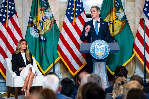 Treasury Secretary Scott Bessent speaks alongside First Lady Melania Trump during an event at the Treasury Department in Washington, DC on Thursday, June 11, 2026. The administration announced the launch of Fostering the Future Accounts as part of Trump Accounts and her Fostering the Future initiative.  WAP20260611338 BONNIExCASH