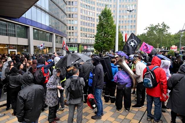 Antifa Protest Against Rassemblement National BRUSSELS, BELGIUM - JUNE 11: The anti-fascist movement Antifa is protesting against the visit of Jordan Bardella, the leader of France s Rassemblement National, who is coming to the Flemish Parliament at the invitation of Vlaams Belang.on June 11, 2026 in Brussels, Belgium, 11 06 2026 Brussels Belgium  Copyright: xBertxVanxDenxBrouckex