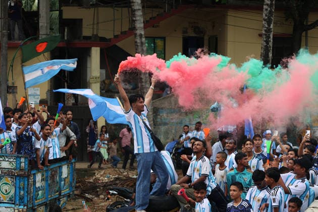 June 11, 2026, Rangamati, Rangamati Hill Tracts, Bangladesh: Welcoming the Greatest Show on Earth , the FIFA World Cup 2026, passionate fans and supporters of Argentina held a massive showdown and colorful rally in the scenic hill town of Rangamati. Hundreds of Albiceleste fans joined the celebration to express their deep love and excitement for their favorite team.......The grand rally kicked off from the Reserve Bazar area of Rangamati town. Wearing the iconic sky blue and white jerseys, ecstatic fans waved both the national flag of Bangladesh and the flag of Argentina, filling the air with music, dances, slogans, and joyous cheers.......A massive convoy comprising motorcycles, CNG-run autorickshaws, trucks, and mini-trucks paraded throu  - ZUMAs308 20260611_zip_s308_003 Copyright: xMohammedxShajahanx