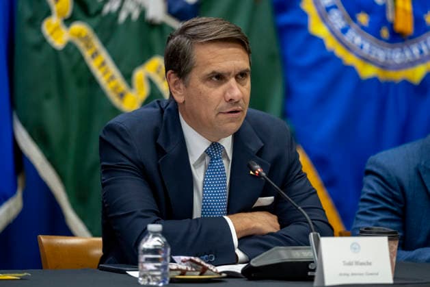 Acting Attorney General Todd Blanche speaks during a roundtable on education at the Department of Justice in Washington, DC on Thursday, June 11, 2026.  WAP202606111160 DANIELxHEUER