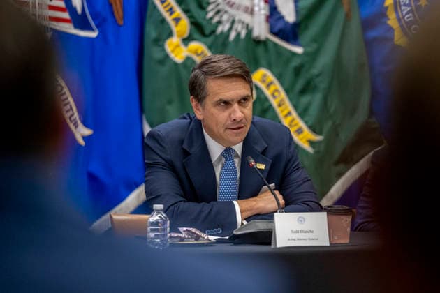 Acting Attorney General Todd Blanche speaks during a roundtable on education at the Department of Justice in Washington, DC on Thursday, June 11, 2026.  WAP202606111161 DANIELxHEUER