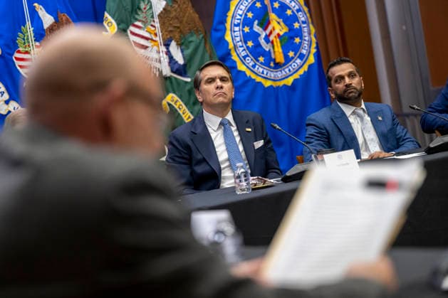 Acting Attorney General Todd Blanche and Director of the Federal Bureau of Investigation (FBI) Kash Patel listen during a roundtable on education at the Department of Justice in Washington, DC on Thursday, June 11, 2026.  WAP202606111186 DANIELxHEUER