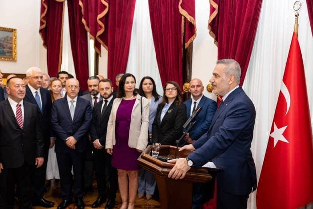 Turkish Foreign Minister Hakan Fidan in Sofia SOFIA, BULGARIA - JUNE 11: Turkish Foreign Minister Hakan Fidan (R) meets with Turkish businesspeople and expatriate politicians as part of his official visit to Sofia, Bulgaria, on June 11, 2026. Murat Gok Anadolu Sofia Bulgaria. Editorial use only. Please get in touch for any other usage.  Copyright: x2026xAnadoluxMuratxGokx